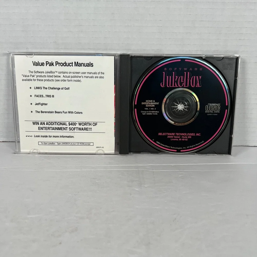 Software JukeBox Vol 1 No 3 MS-DOS PC CD-ROM 1994 SelectWare Links JetFighter